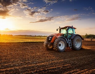 Fototapeta premium Tractor working on the barley field by sunset.