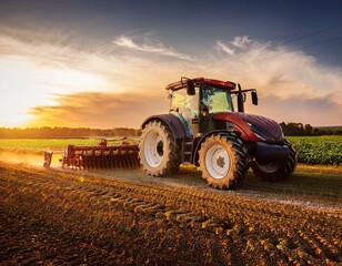 Fototapeta premium Tractor working on the barley field by sunset.
