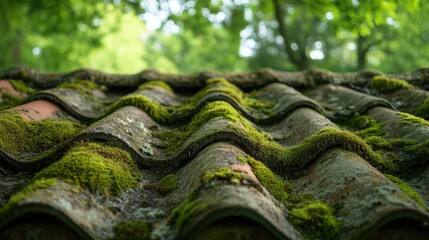 Moss covered old roof tiles in a forest environment close up view Reflects themes of nature and decay