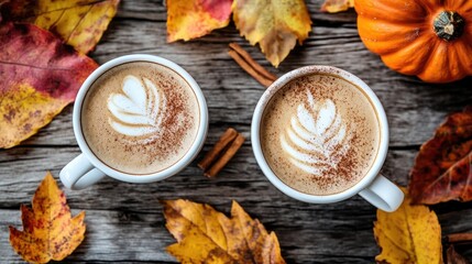 Two white cups filled with black coffee and white milk foam topped with cinnamon nestled among vibrant autumn leaves and pumpkins on a rustic wooden surface