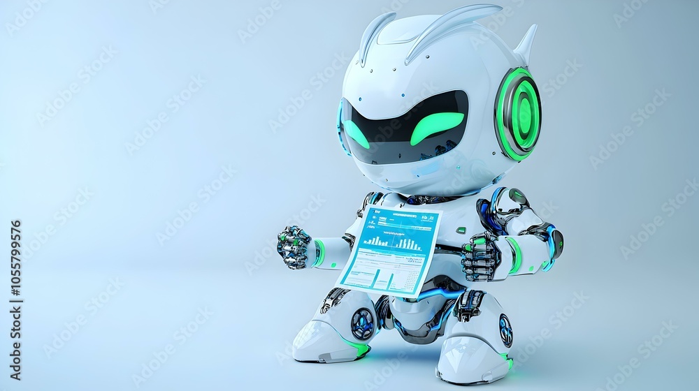 Poster 3d robot presenter engagingly displays data insights with a dynamic chart in a futuristic setting
