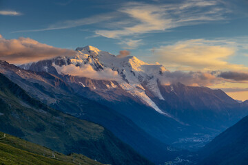Fototapeta premium Mont Blanc, Monte Bianco mountain summit snow dome above the Chamonix valley in France. Highest peak in Europe in the Alps, alpice scenic view of Montblanc