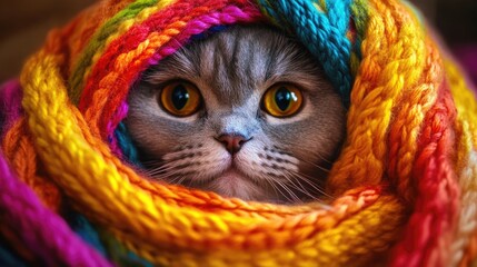 A captivating Scottish Fold cat is beautifully enveloped in colorful yarn captured in a close up shot