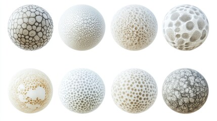 Set of round cell-like spheres, 3D rendering, isolated on white, scientific and organic textures
