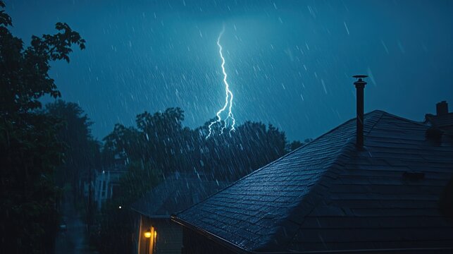 Lightning rod on roof during rainy day , storm, protection