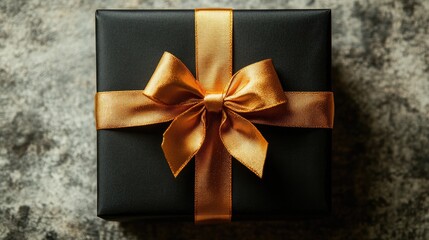 Top view of a black gift box adorned with a golden bow on a neutral background