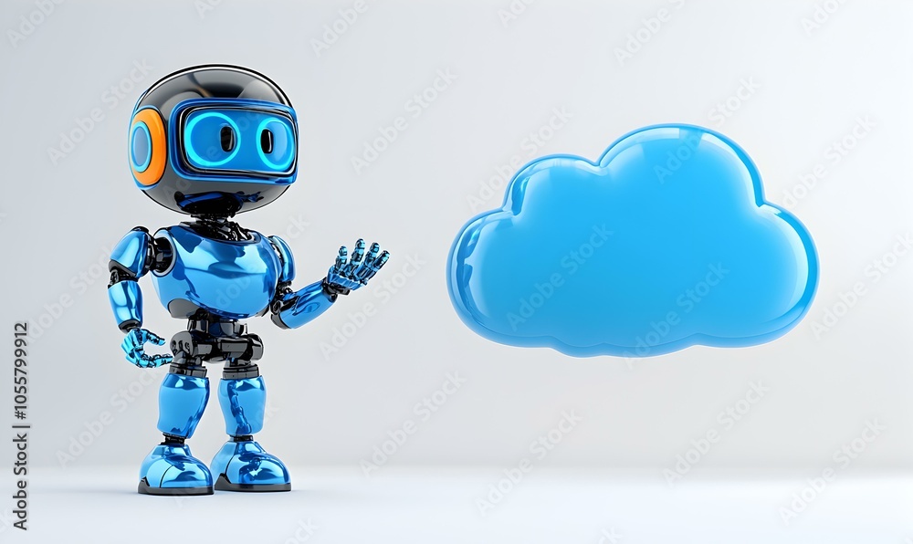 Poster futuristic robot pointing at digital cloud, a sleek 3d robot with metallic features gestures towards