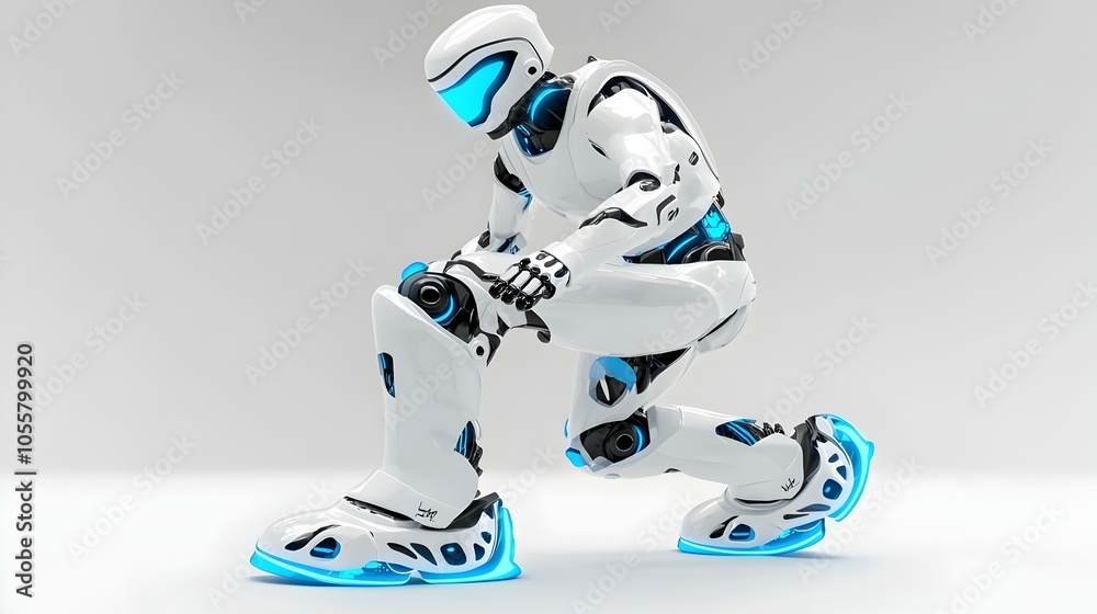 Poster dynamic robot character strides confidently, showcasing advanced design and futuristic features in a
