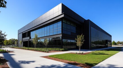 Contemporary building facade featuring sleek black steel and glass design