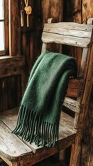Cozy green woolen blanket on rustic wooden chair