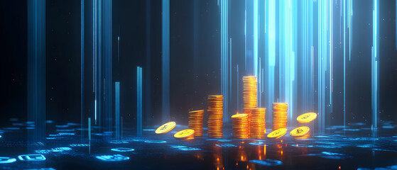 dollar production, coins, stock graphs, and Bitcoin in various creative graphic styles