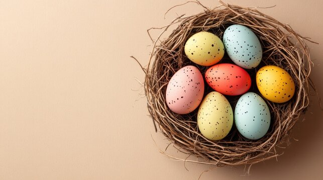 Nest filled with colorful Easter eggs on a light brown background Spring themed design for a greeting card or banner Top view flat lay with ample space for text
