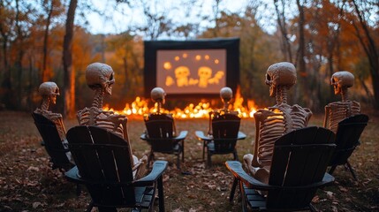Skeletons watching a movie outdoors by a fire in autumn.
