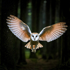 Barn Owl Flying Through Forest
