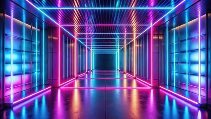 Vibrant neon lights illuminating an empty room with futuristic glow effects