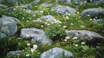 Meadow with tiny plants and stones
