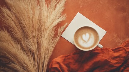 A snug autumn scene showcasing a warm coffee cup and pampas grass against a soft terracotta backdrop complemented by a blank card for personalization