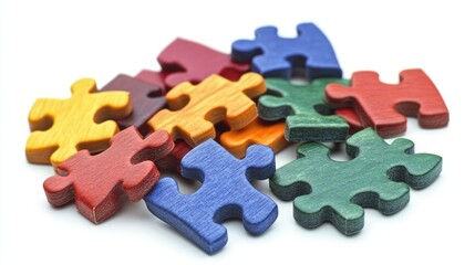 Several puzzle pieces separated and resting on a white background, offering a minimalist visual for stock photos.