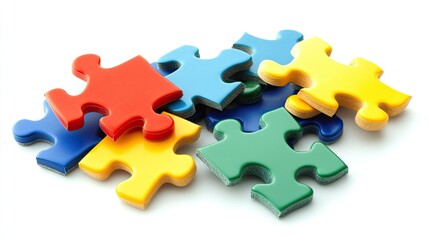 Obraz premium Several separated puzzle pieces scattered on a white background, symbolizing collaboration and problem-solving.