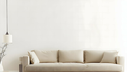 interior background of living room with blank wall and beige sofa