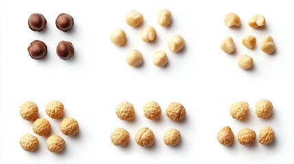 Shelled and unshelled macadamia nuts on white background, different angles.