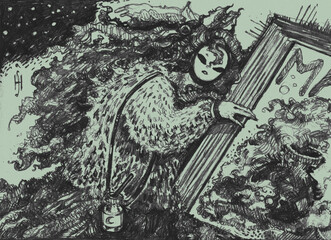 An original pencil illustration of a girl holding a book, with dark, gothic elements. Evocative and mysterious, ideal for fantasy, gothic, and dark-themed art projects.