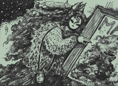 An original pencil illustration of a girl holding a book, with dark, gothic elements. Evocative and mysterious, ideal for fantasy, gothic, and dark-themed art projects.