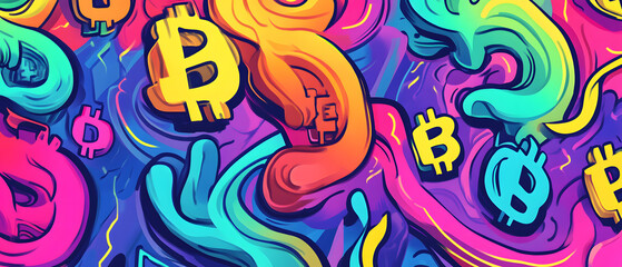 dollar production, coins, stock graphs, and Bitcoin in various creative graphic styles