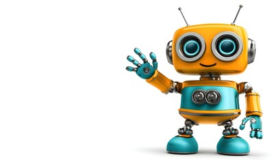 Cheerful 3D Robot, a vibrant character with colorful accents, waving enthusiastically in a playful digital environment, exuding joy and friendliness.