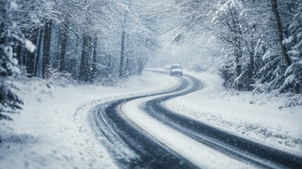 Snow covered road winding through a stunning frosty forest Intense snowfall impacts visibility as vehicles travel through the winter storm