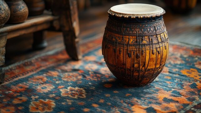 A traditional hand-drum with intricate carvings sits on a Persian rug.