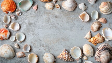 Summer themed flat lay of sea shells on a gray background with ample copy space