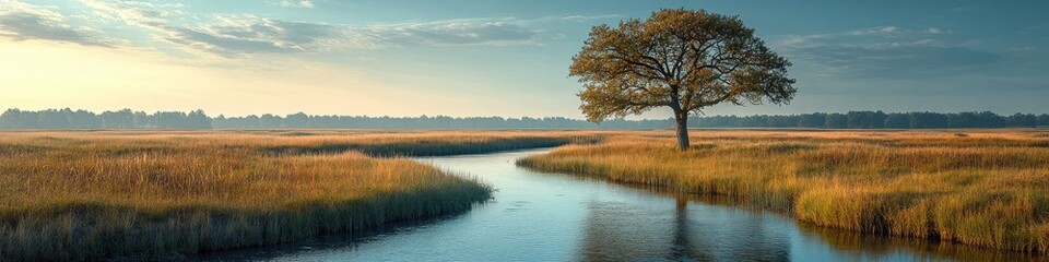 Serene landscape with a river and solitary tree at sunrise.