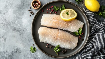 Fresh pangasius fish fillet garnished with lemon and spices displayed on a plate against a textured...