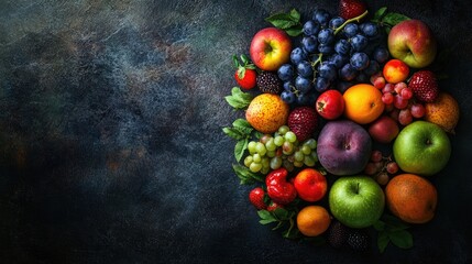 Vibrant assorted fruits beautifully arranged on a textured dark background