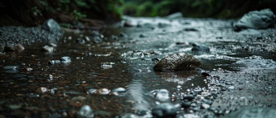 Fototapeta premium A tranquil stream meanders through a pebble-laden bed, illuminated by soft light, evoking peace and the gentle flow of nature.