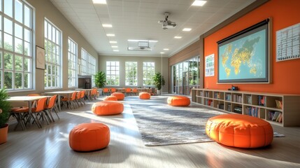 Modern classroom with orange seating and a world map on display.