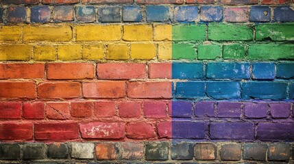 Fototapeta premium Rainbow flag design on a textured surface of aged brick wall