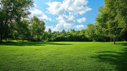 Lush green meadow surrounded by trees under a summer sky © Cyber Shutter