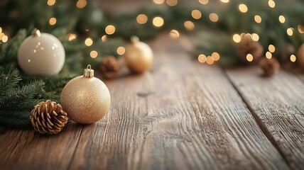 Christmas Wooden board empty table background. abstract blurred theme in winter background. Scandinavian panorama banner format