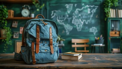 A Denim Backpack and Books Resting on a Wooden Table