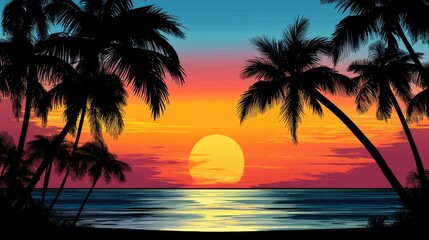 Silhouetted palm trees create a tropical ambiance on a beach, set against a stunning gradient sunset sky.