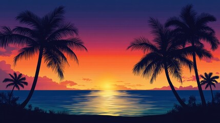 Silhouetted palm trees create a tropical ambiance on a beach, set against a stunning gradient sunset sky.