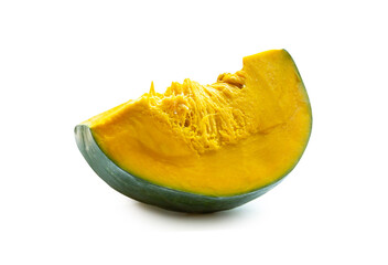 Side view of fresh green japanese pumpkin slice or piece isolated on white background with clipping path