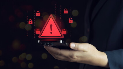  Internet web hack technology. Digital mobile phone in Scammer hand. Data protection, secured...
