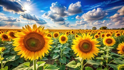 Fototapeta premium Vibrant summer sunflower field under bright sky with yellow petals nature beauty