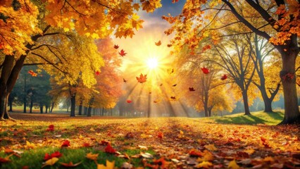 Warm autumn park with colorful falling leaves under the sunny sky