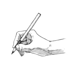 Vector hand-drawn illustration of hand, writing with a pen in sketch style.