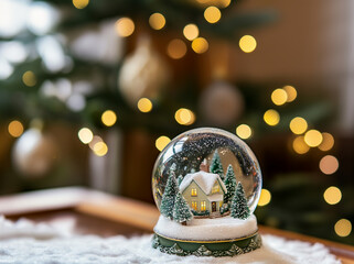 This enchanting image features a festive snow globe with a snowy house and pine trees, set against a backdrop of Christmas lights creating a magical bokeh effect. Ideal for holiday decor and greeting