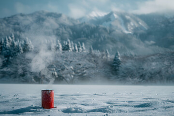 Rote Tasse im verschneiten Winterwunderland